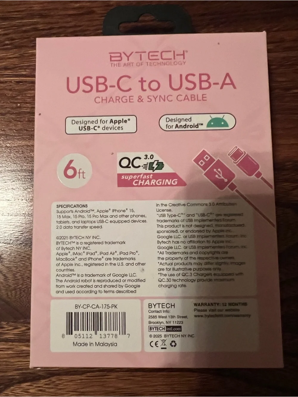 Bytech Pink USB-C to USB-A Charge & Sync Cable - 6ft